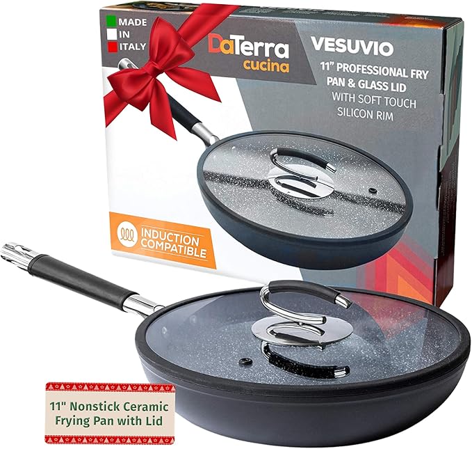 DaTerra Cucina 11" Nonstick Ceramic Frying Pan with Lid ??Oven & Induction Safe, High Heat Resistant Nonstick Cookware, Dishwasher Safe, Durable & Stylish - Volcanic Black Speckled ??Made in Italy