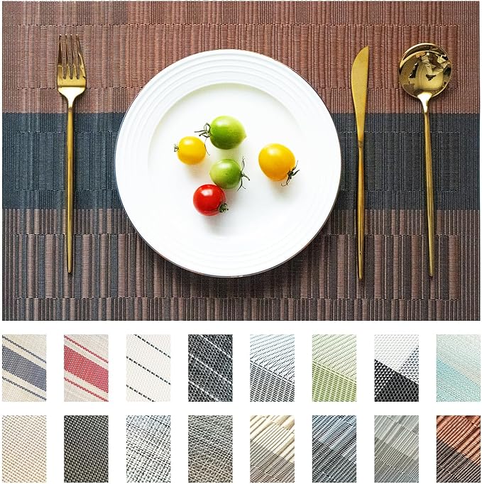 SUMYMERY Placemats Set of 6 Vinyl/Plastic Woven Place Mats for Kitchen Table Indoor/Outdoor Washable Placemat Wipeable Dining Table Mats (Ombre Brown Black,6)