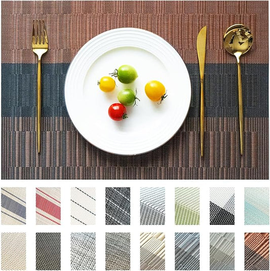 SUMYMERY Placemats Set of 6 Vinyl/Plastic Woven Place Mats for Kitchen Table Indoor/Outdoor Washable Placemat Wipeable Dining Table Mats (Ombre Brown Black,6)