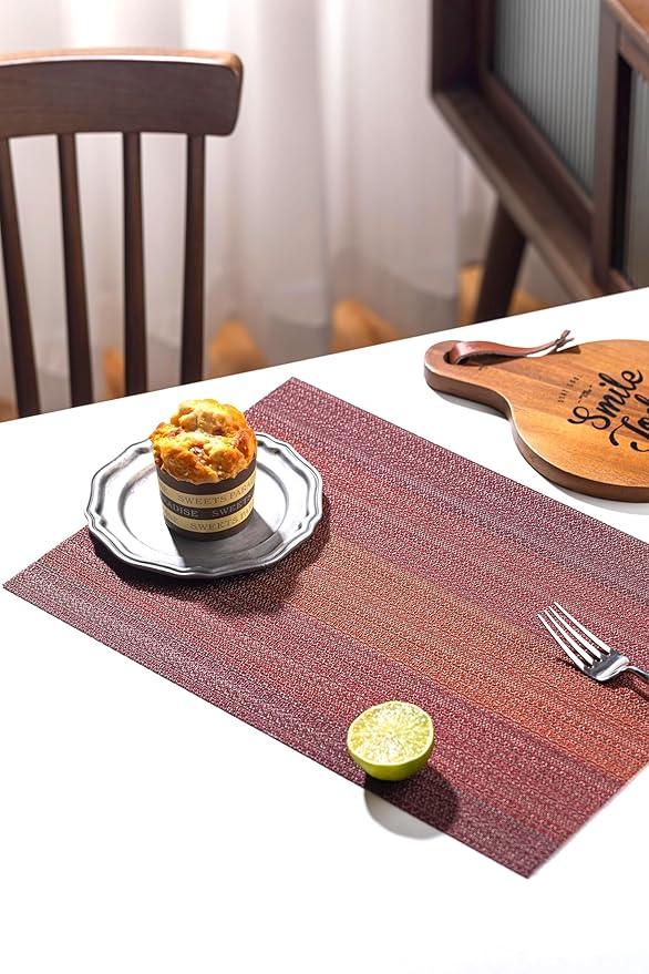 LEXMORE Placemats Set of 4 Vinyl/Plastic Woven Place Mats for Kitchen Table Indoor/Outdoor Washable Placemat Wipeable Dining Table Mats(Pomegranate Parade)