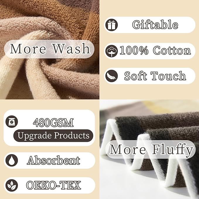 VOOVA & MOVAS Brown Bath Towels Set of 4-100% Cotton | 480GSM | Soft | Absorbent | Long-Lasting, 28"x52", Decorative Towels for Bathroom, Bath Towels Gift Set with Hang Loops, Beige and Brown
