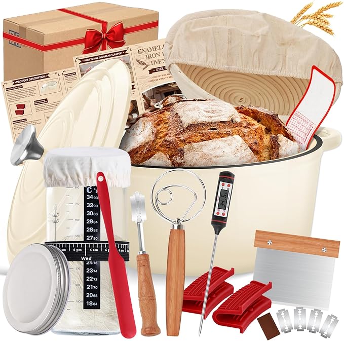 Enameled Cast Iron Dutch Oven Pot with Lid, Incl. Sourdough Bread Baking Supplies Like Banneton Bread Proofing Basket, Starter Jar, Scoring Tool Lame, 5QT Dutch Oven for Bread Baking, Oven Safe up to 500째F