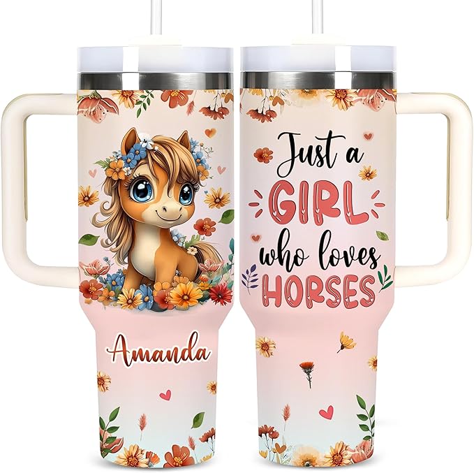 AGGLOMEKC Personalized Cute Horse Cup - Mother's Day Birthday Gift For Animal Lovers - Just A Girl Who Loves Horse Tumbler 40oz With Custom Name - Pet Lover Gifts For Women, Her