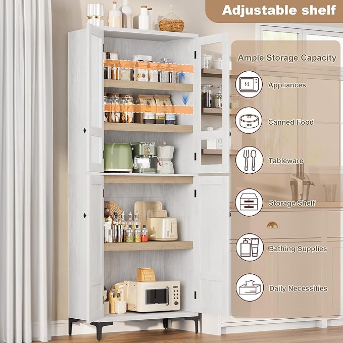 IDEALHOUSE Tall Storage Cabinet with Glass Doors, 71" Height, Adjustable Shelf, Light Oak Wood, Multi-Purpose Organizer for Kitchen Pantry and Bathroom (Oak White, 4 Doors with Glass)