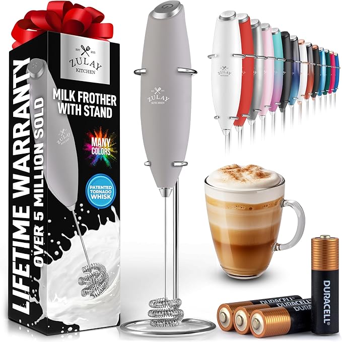 Zulay Kitchen Patented Tornado Triple Whisk Milk Frother with 4 Duracell Batteries ??Handheld Foam Maker for Coffee, Lattes, Matcha & Hot Chocolate ??Rich, Creamy Froth in Seconds