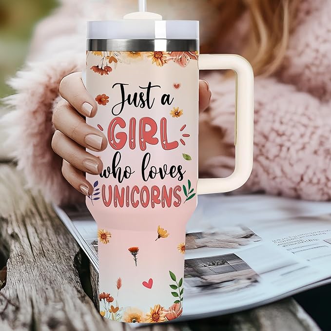 AGGLOMEKC Personalized Cute Unicorn Cup - Mother's Day Birthday Gift For Animal Lovers - Just A Girl Who Loves Unicorn Tumbler 40oz With Custom Name - Pet Lover Gifts For Women, Her