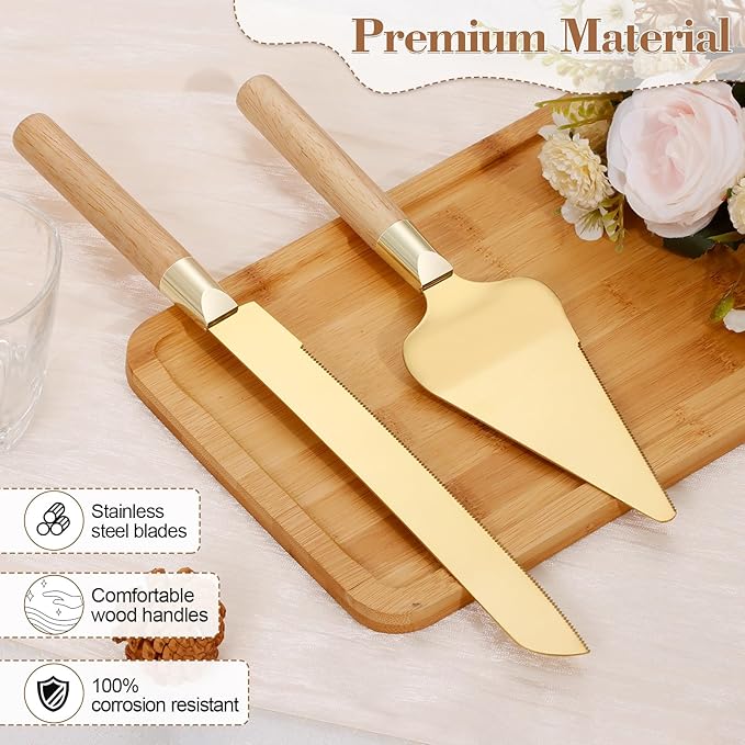 Gold Cake Cutting Set for Wedding, Wood Cake Knife and Server Set, Rustic 2-Piece Pie Cutter Serving Set, Serrated Dessert Utensils, Bridal Anniversary Quincea챰era Gift (Oak color)
