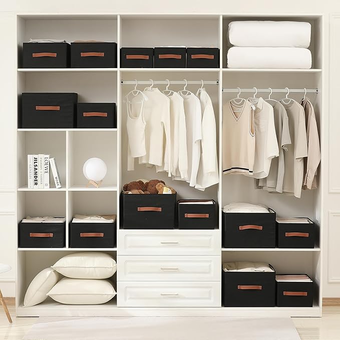 linen closet organizers and storage, 3 Pack Large Storage Baskets, Washable, Clothing Storage Bins with Handle, Closet Organizer for Storage Sweater,Sheets (Black, 16"x9쩍"x6쩐")