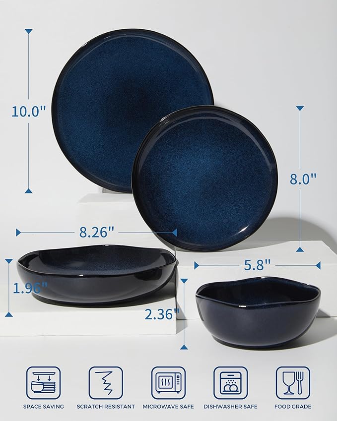 32 Piece Starry Blue Dinnerware Set with Pasta Bowls, Coastal Reactive Glaze Stoneware for 8 | Complete Serving Set for Holiday Meals, Multi?멏ish Hosting & Family Celebrations