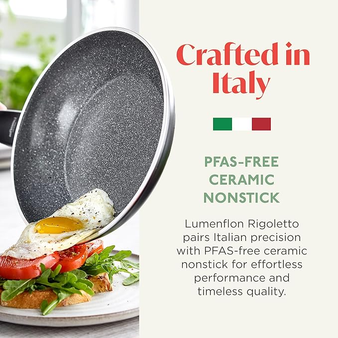 Rigoletto 8??Nonstick Frying Pan Skillet, Made in Italy, Layered Ceramic PFAS-Free Surface, Induction Ready, Dishwasher & Metal Utensil Safe, Granite Finish, Stay-Cool Handle, Black