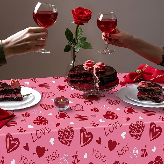 4 Pack Valentines Plastic Tablecloths, Disposable Valentines Party Favors, Romantic 54" X 108" Red Pink Table Cloth, Galentines Decorations Heart-shaped Love Tablecover for Wedding Happiness Decor