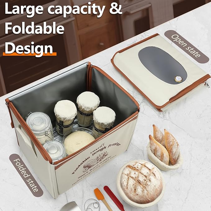 Folding Bread Proofing Box with Temp Control(50-122?? & 48H Timer, Dough Proofer with Metal Rack, Proofing Box for Sourdough, Bread Baking, Pizza, Yogurt, Kombucha, Space-Saving & Easy to Use
