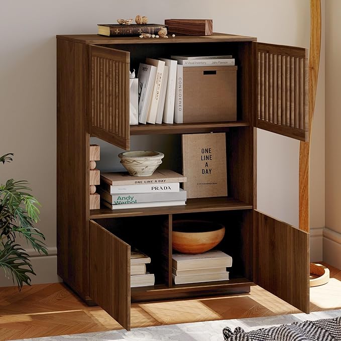 NessCarsti 33.46" Mid-Century Modern Wooden Storage Cabinet, Freestanding Buffet Sideboard with Grille Striped Doors, Open Shelf and Enclosed Compartments, Walnut for Dining Room, Kitchen, Living Room