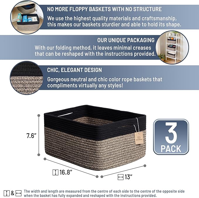 NaturalCozy Storage Baskets 16.8?쓝13?쓝7.6??Cotton Rope Woven Baskets for Organizing 3-Pack | Toy Storage Bins | Basket for Shelves, Laundry, Blanket, Clothes, Closet, Kitchen, Bathroom, Gifts