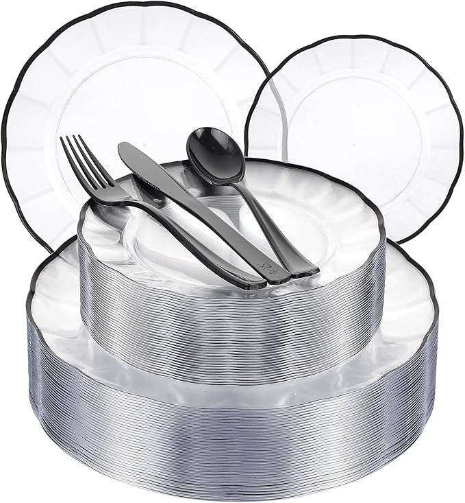 EI 150pcs Clear and Black Plastic Plates Dinnerware Disposable Party Set for 30Guests,Dinnerware Include 60 Clear Plates Disposable 90 Black Silverware,Perfect for Party,Business Events,Hotel