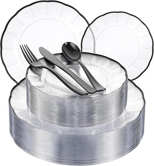 EI 150pcs Clear and Black Plastic Plates Dinnerware Disposable Party Set for 30Guests,Dinnerware Include 60 Clear Plates Disposable 90 Black Silverware,Perfect for Party,Business Events,Hotel