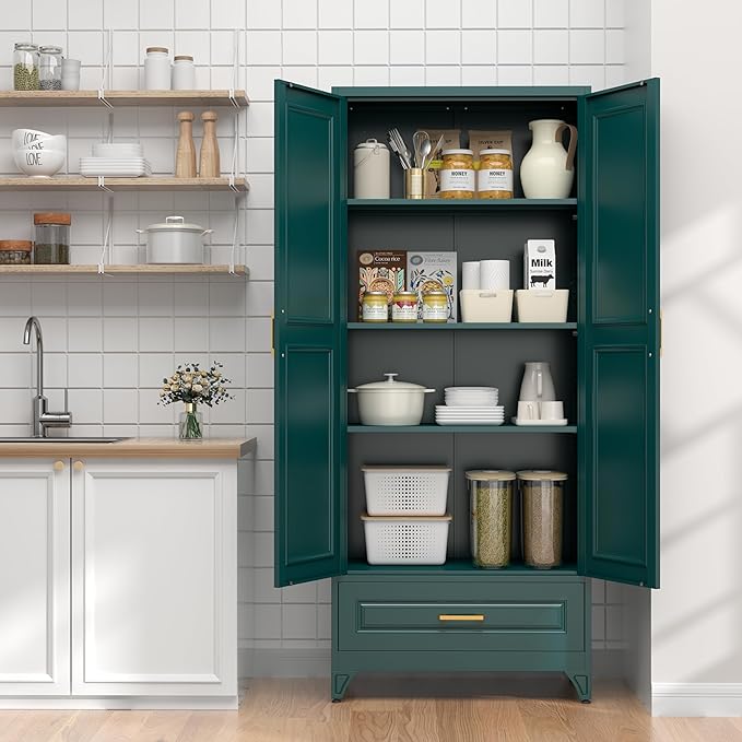 75" Kitchen Pantry Cabinet with Drawer, Tall Storage Cabinet with Doors and 4 Shelves, Metal Storage Cabinets for Kitchens, Living Room, Dinning Room, Assembly Required, Green