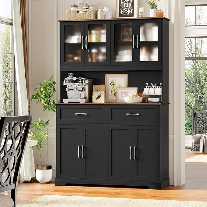 71" Tall Kitchen Pantry Cabinet, Kitchen Hutch with Microwave Stand, Glass Doors, Food Pantry Cabinet with Doors and Shelves for Dining Room, Black