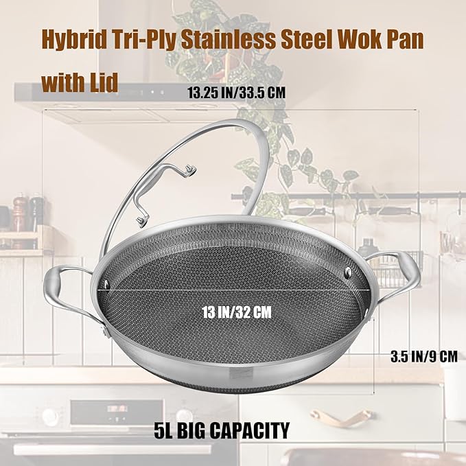 LOLYKITCH 13 Inch New Hybrid Tri-Ply Stainless Steel Wok Pan with Lid,Ceramic Non Stick Stir-Fry Pans,Induction Cooking Pot,Dishwasher and Oven Safe