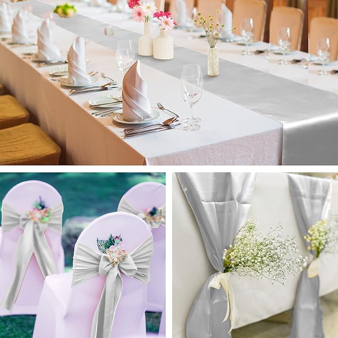 ANECO 4 Pack Satin Table Runner 12 x 108Inch Long Bright Silk and Smooth Fabric Party Table Runner for Wedding Banquet Party Decoration-Light Silver