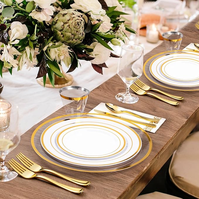 Goodluck 12 Inch Charger Plates, 50 Pack Clear Charger Plates with Gold Trim, Plastic Charger Plate Bulk for Dinner, Wedding, Party, Event Decoration, Clear&Gold