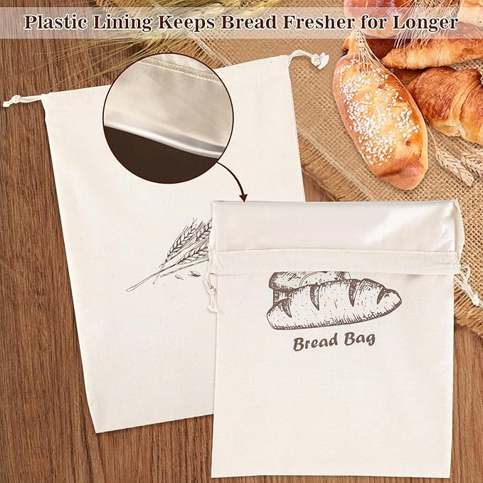 Bread Bags With Liner,2-Packs Linen Bread Bags With Liner for Homemade Container,17.6횞11.6Inches Unbleached&Reusable Loaf Storage,Natural Large Storage for Artisan Roll,With 4 Pieces Bread Clip