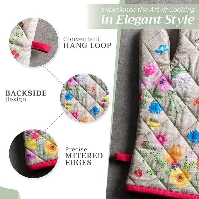 Maison d' Hermine Oven Gloves 100% Cotton Oven Mitt 7" x 13" with Loop Heat Resistant, BBQ, Cooking Gloves, Baking, Grilling, Kitchen, Handling Hot Pans Spring/Summer (Pack of 1, Jardin D'Ete - Fog)