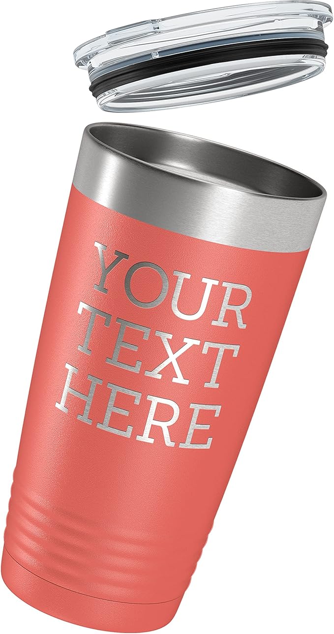 Personalized 20oz (17 Colors) Powder Coated Insulated Stainless Steel Tumbler with Lid, Custom Etched, Customized Text Message Name, Engraved Gift Idea Women Men Him Her, Your Text Here (Coral)