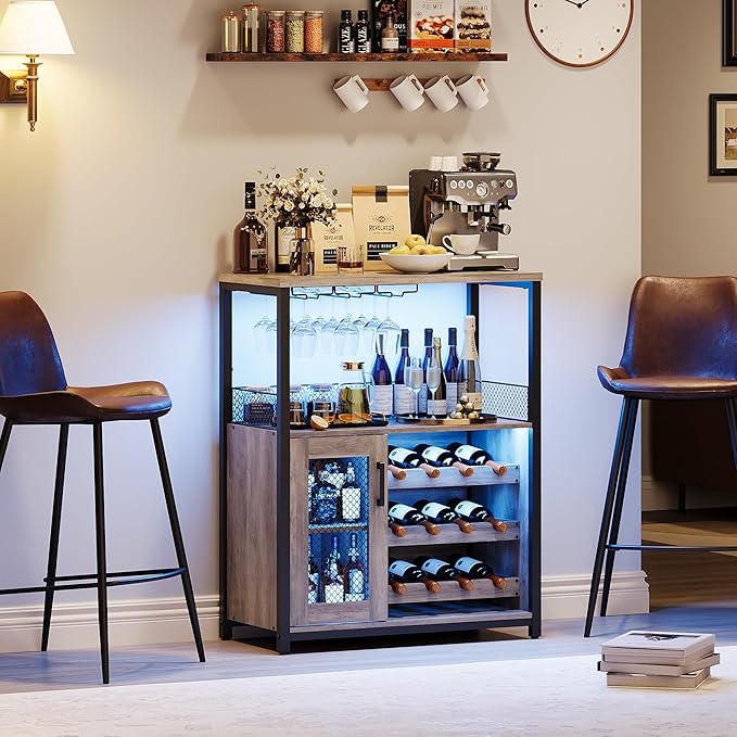 Vintage Industrial Wine Bar Cabinet with Adjustable Wine Racks and Glass Holders, Mesh Door Sideboard Storage Cabinet for Living Room, Kitchen, Dining Room, Compact Design, Gray with Light