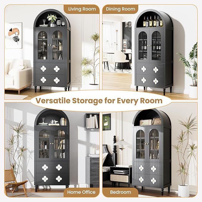 MOPHOTO Arched Cabinet, 71 in Arched Cabinet with Glass Doors, Modern Versatile Pantry Storage Cabinet with 2 Large Drawers for Living Room, Kitchen, Dining Room