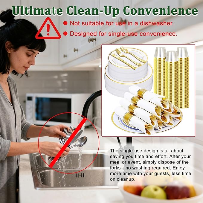 Zcaukya 350 PCS Gold Plastic Dinnerware for 50 Guests, Elegant Disposable Utensils Set with 100 Plates, 50 Pre-Wrapped Napkins, 50 Cups, 50 Spoons, 50 Forks and 50 Knives for Birthday Parties Weddings