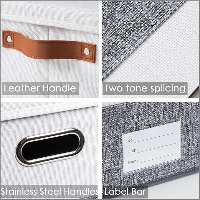 PRANDOM Larger Foldable Storage Bins with Handles [5-Pack] Fabric Collapsible Storage Boxes Baskets Cubes Containers with Handles for Closet Living Room Bedroom (Grey & White 17.3x12.2x10.4')