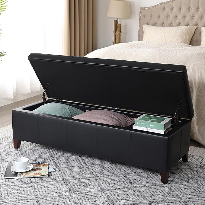 DECO DE VILLE Storage Ottoman Bench, 51 Inch Faux Leather Foot Rest with Hinged Lid, Black Bed Bench