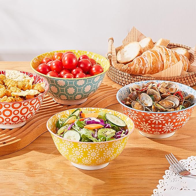 AntoKueh 23 OZ Colorful Large Ceramic Bowl Set of 6 6 inch Deep Porcelain Cereal Bowls for Salad, Soup, Snack and Rice竊똃ishwasher/Microwave safe