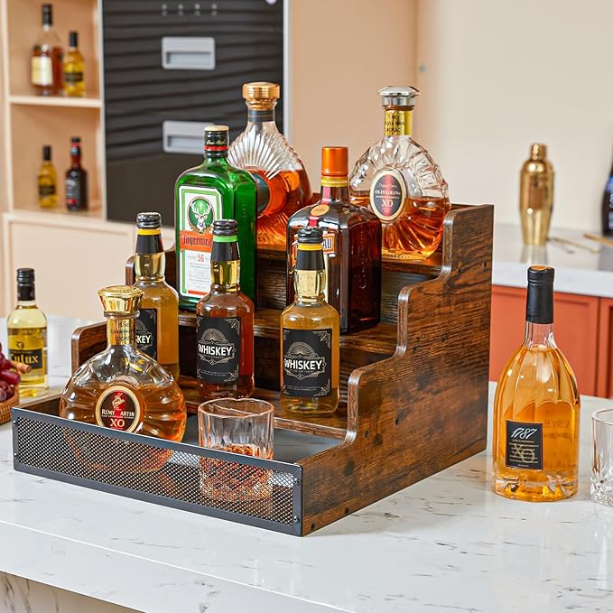 4 Step Countertop Liquor Bottle Display Shelf, Wood Bar Shelves 16 Bottles with Fences, Freestanding Storage Shelves for Liquor Whiskey Wine Coffee Syrup Display, Retro Wine Rack Home