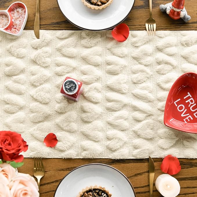 Artoid Mode Beige Soft Plush Faux Fur Jacquard Heart Valentine's Day Table Runner, Seasonal Kitchen Dining Table Decoration for Home Party Decor 13x120 Inch