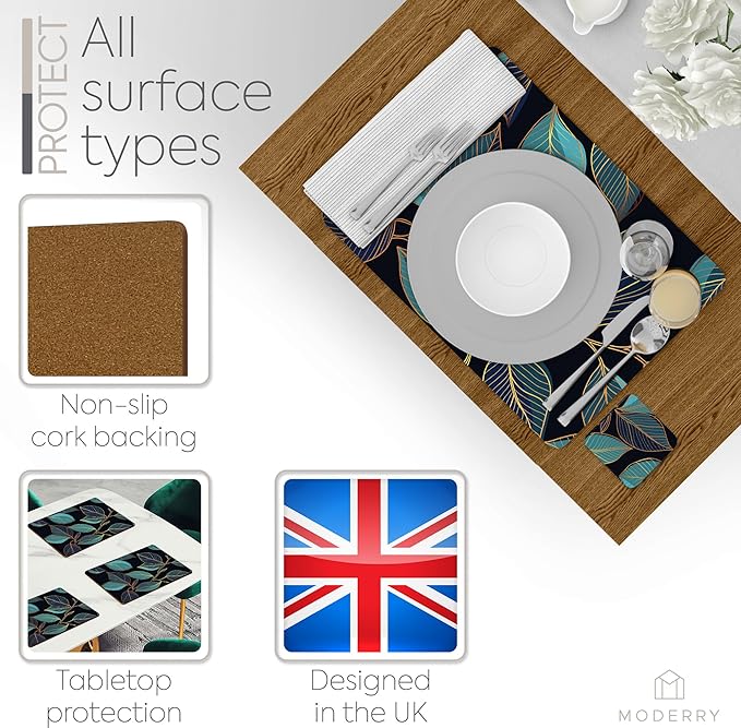 Moderry Set of 4 Heat Resistant Cork Placemats for Dining Table with Free Set of 4 Matching Drink Coasters Sage Green Marble Design 16 x 12 Inches Cork Backed Hard Placemats (Blue Gold Botanical)