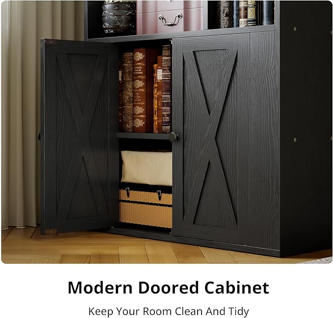 IRONCK Bookcase with Doors, Tall Bookshelf with Storage, Bookshelves and Bookcases with 8 Open Cubes for Living Room, Bedroom, Office