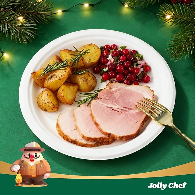JOLLY CHEF Compostable Heavy Duty Plates ?윮?윭 ?뿙?뿻?뿰?뿵 [?윮?윶?윭 ?뿣?뿮?뿰?뿸] Eco-Friendly Disposable Uncoated Paper Plates Bagasse Biodegradable Bulk for Party Dinner Hot Cold Food Christmas (White)