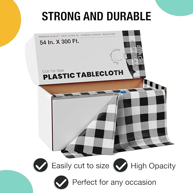 Party Solids 54 Inch X 300 Feet Black Gingham Plastic Table Cover Roll in A Cut - to - Size Box with Convenient Slide Cutter. Cuts Up to 36 Rectangle 8 Feet Plastic Disposable Tablecloths