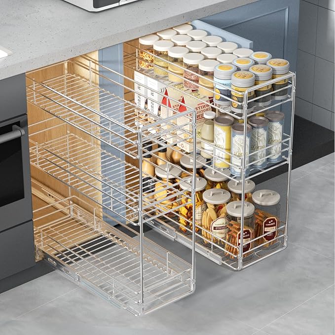 Pull Out Spice Rack Cabinet Organizer 5쩍" W x 20쩍" D, 3 Tier Heavy Duty Sliding Spice Cabinet Organization for Narrow Cabinet, Pull Out Shelves for Kitchen