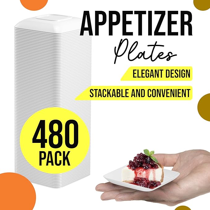Exquisite Tiny Mini Dessert Plates Disposable Appetizer Plates - 480 Pack 2.4 In. x 2.4 In. White Dessert Plates - Small Plastic Disposable Dessert Plates are BPA Free - Wedding Dessert Plates