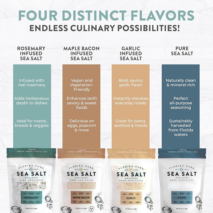 Florida Pure Sea Salt Gift Set - 4 Flavors Bundle with Garlic, Rosemary, Maple Bacon & Pure | Hand-Harvested, Mineral-Rich, All-Natural - Flaky Sea Salt for Baking Cooking, Seasoning & Enhancing Taste