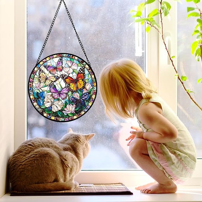 Stained Glass Window Hanging, Colorful Butterfly Suncatcher for Doors Home Sun Catchers Decoration and Christmas, Mother's Day Birthday Gifts for Women, Men, and Mom 9.8 in