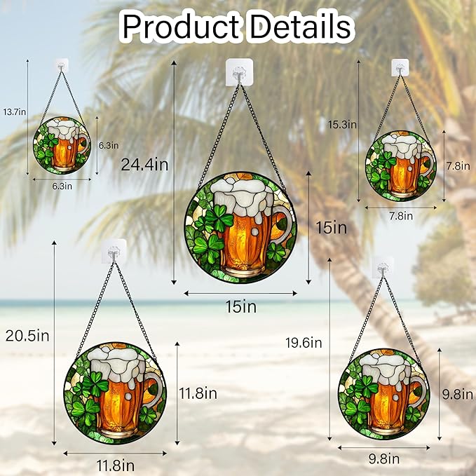Stained Glass Window Hanging Green Clover Beer Large 15" - Suncatcher Door Garden Sun Catcher Ireland Decor Birthday Mother's St. Ripack's Day Gift for Woman Mom Men Friend Nana Wife Aunt