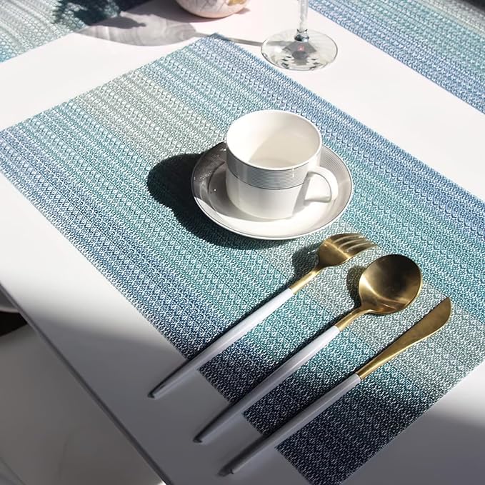 Privalace 18 x 12 inch, Set of 4 PVC Placemat, Non Slip Washable Dining Table Mats for Home Dinner Gatherings Daily Meals Kitchen Table Protection with Stylish Design, Blue