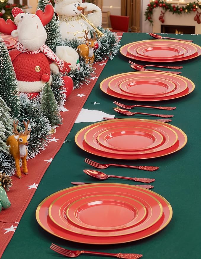WDF 25PCS Red Plastic Charger Plates - 12inch Red and Gold Chargers for Dinner - Disposable Charge Plates - Perfect for Valentine's Day/Party/Elegant Tabletop Decor