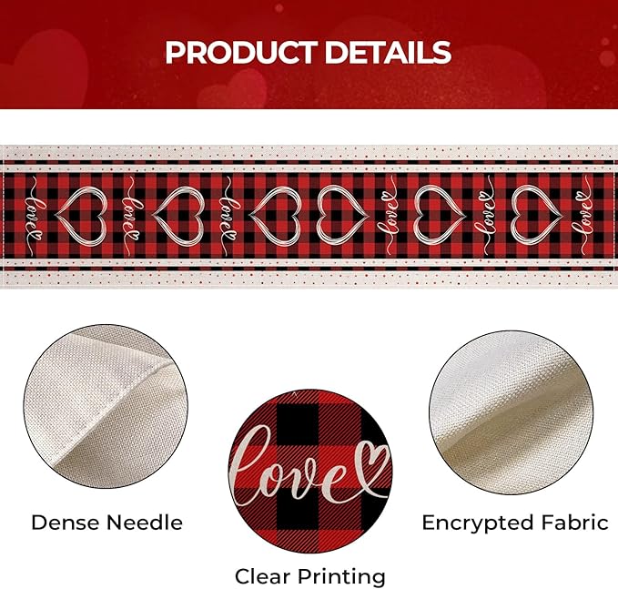 Valentines Day Table Runner 13x36 Inch, Buffalo Plaid Love Hearts Valentine Table Runner, Anniversary Home Kitchen Dining Table Holiday Party Decorations
