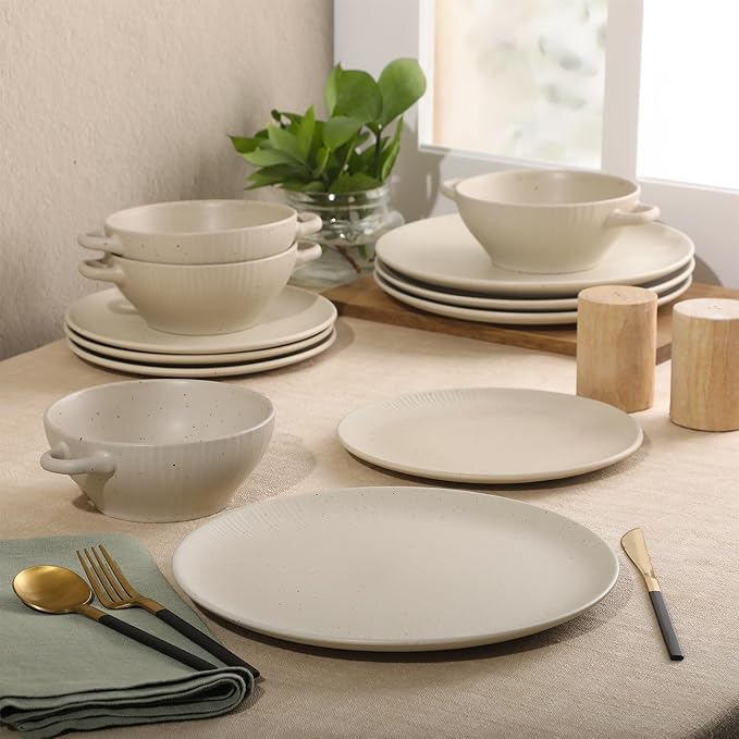 Gibson Elite Clover Hill 12-Piece Stoneware Dinnerware Set ??White Cream Embossed Plates and Bowls with Matte Speckled Reactive Glaze, Service for 4 ??Microwave & Dishwasher Safe