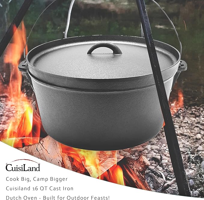 Cuisiland 16QT Cast Iron Dutch Oven with Lip Lid & Bail Handle ??Extra Large Pre-Seasoned Campfire Pot for Outdoor Cooking, Roasting, Baking & Stews ??Heavy-Duty Camping Cookware for Even Heat